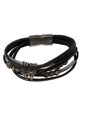 Whimsy Goth Black Leather Bracelet Silver Tone Beads Butterfly Charm Jewelry